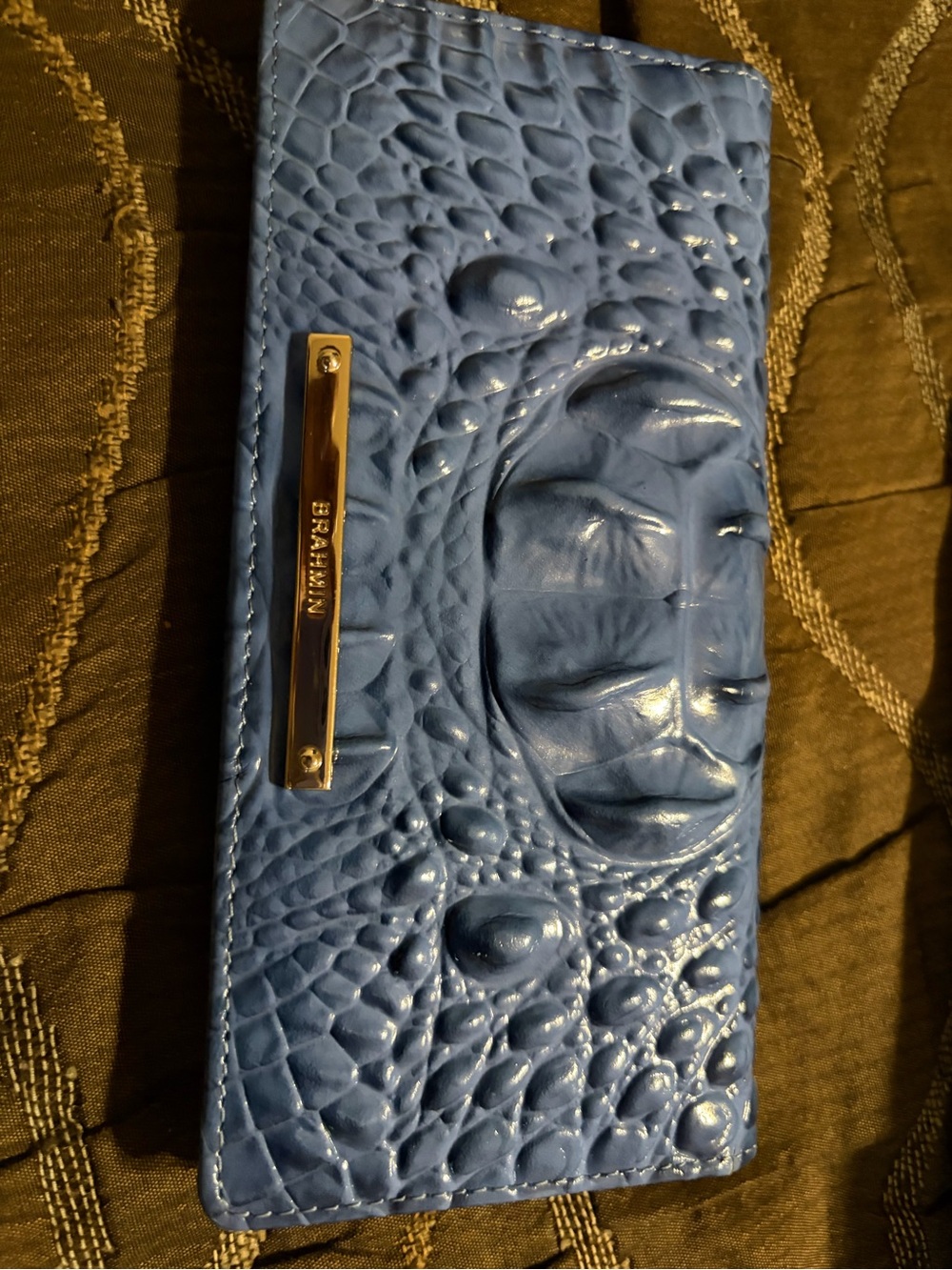 Brahmin Blue Croc-Embossed Patent Leather Wallet with Gold Plaque